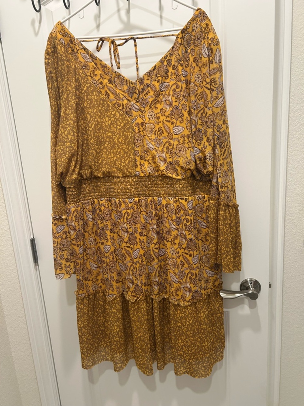 Cato Mustard Yellow Floral Long Sleeve Tiered Dress